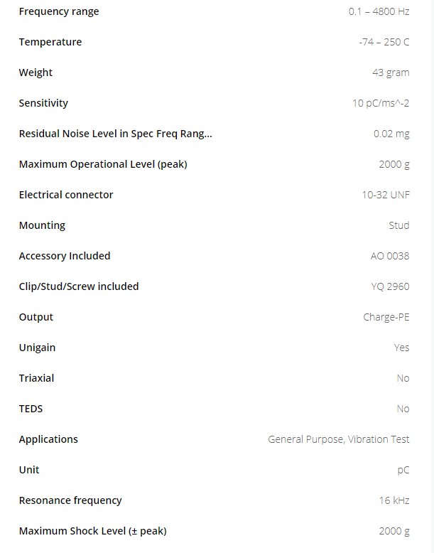 BK壓電式電荷加速度傳感器4381 技術(shù)參數(shù)