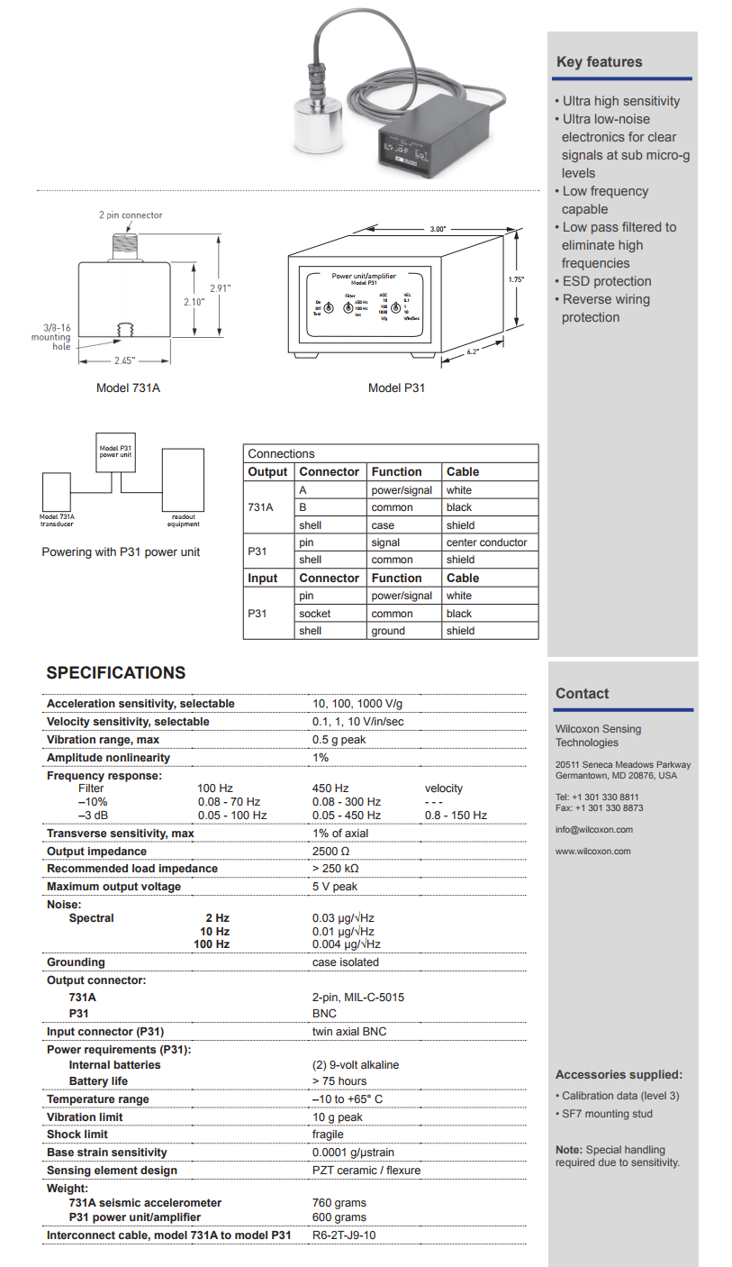 威爾康森地震加速度振動計和電源/放大器731A / P31參數(shù)