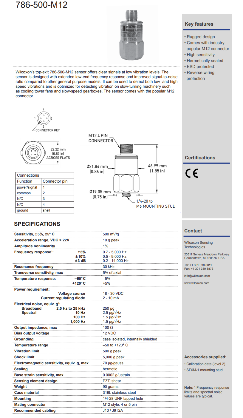 威爾康森帶M12連接器的高輸出振動傳感器技術(shù)參數(shù)