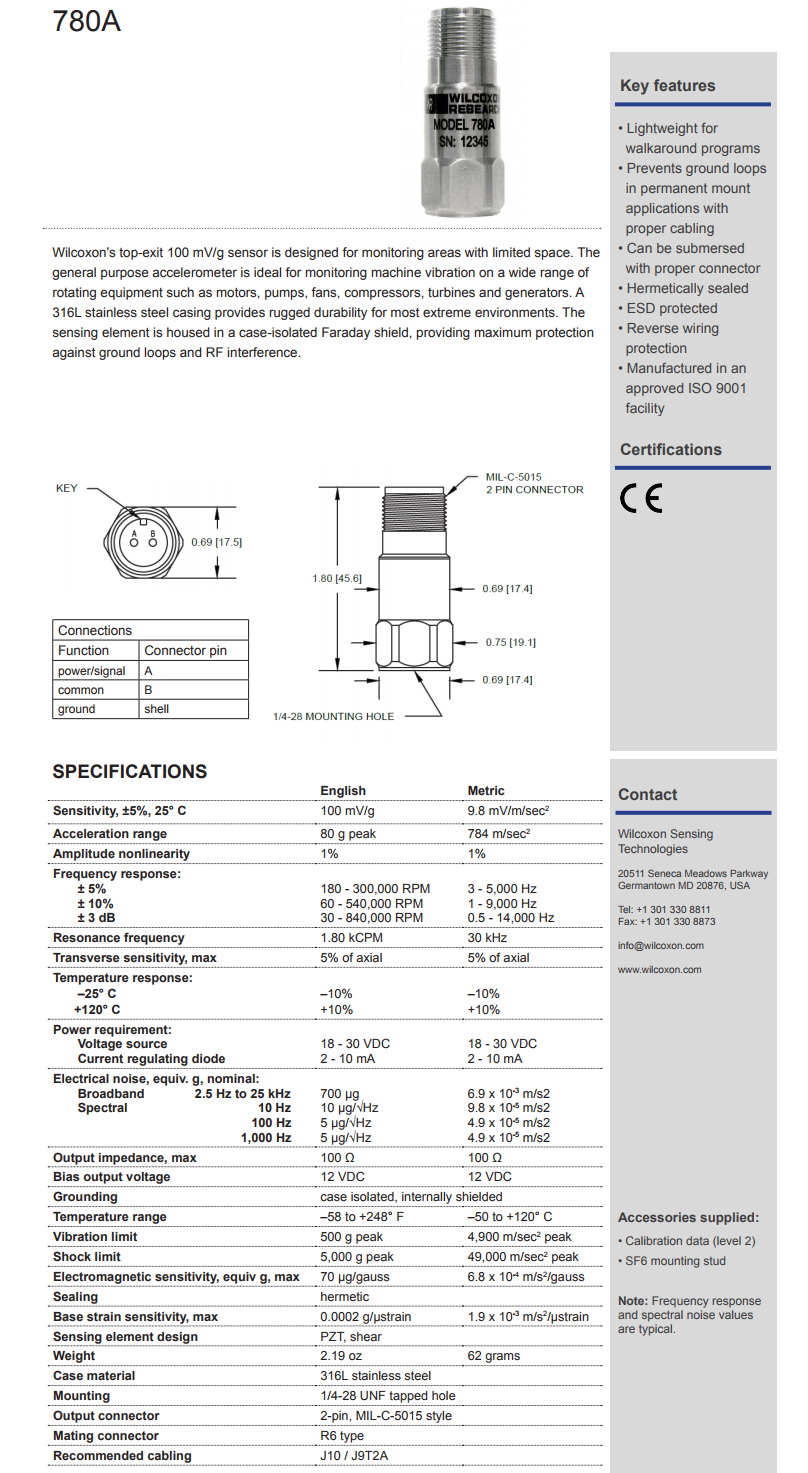 威爾康森緊湊型加速度振動計780A型技術(shù)參數(shù)