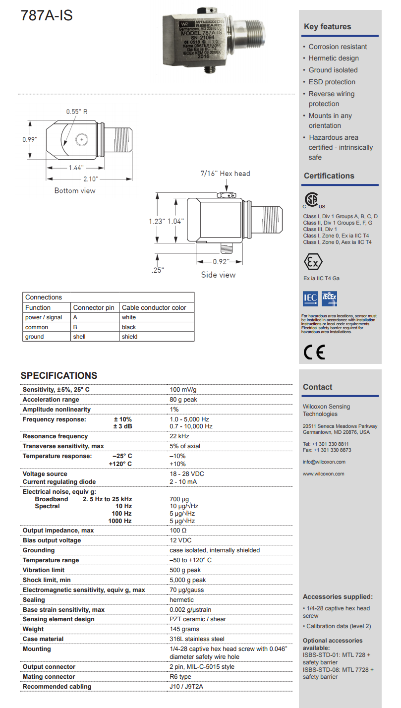 威爾康森標準加速振動計787A-IS型技術參數(shù)