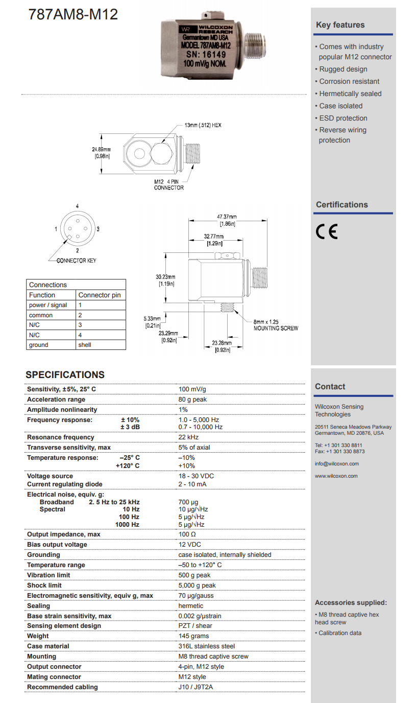 威爾康森標(biāo)準(zhǔn)加速振動計787AM8-M12型技術(shù)參數(shù)