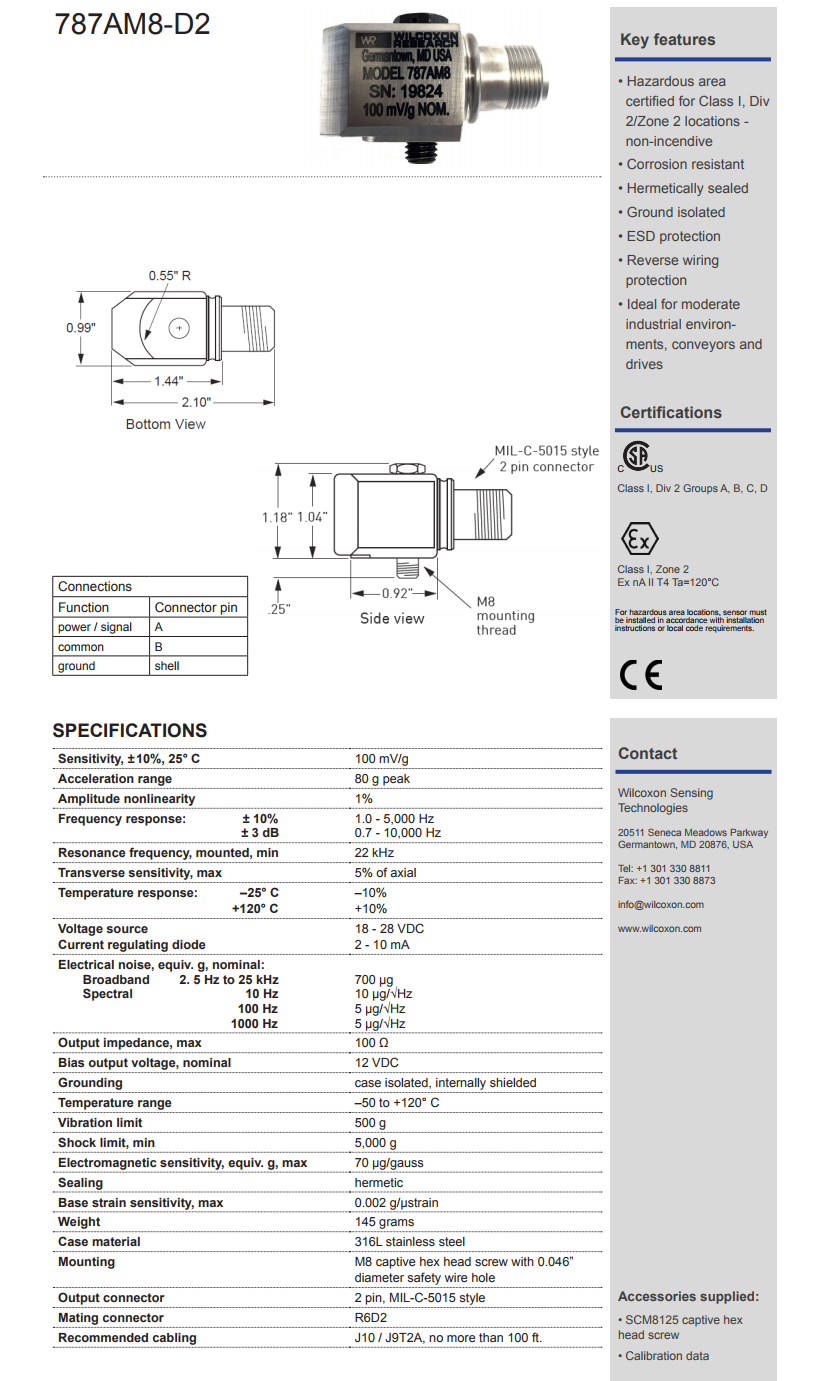 威爾康森標通用加速度振動計787A-M8-D2型技術參數(shù)