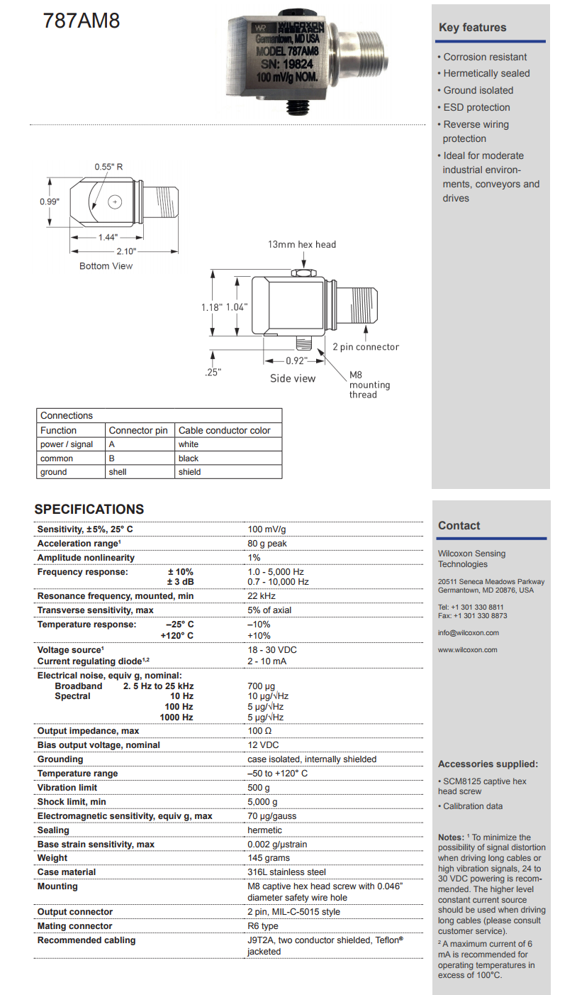 威爾康森通用加速度振動計787A-M8型技術(shù)參數(shù)