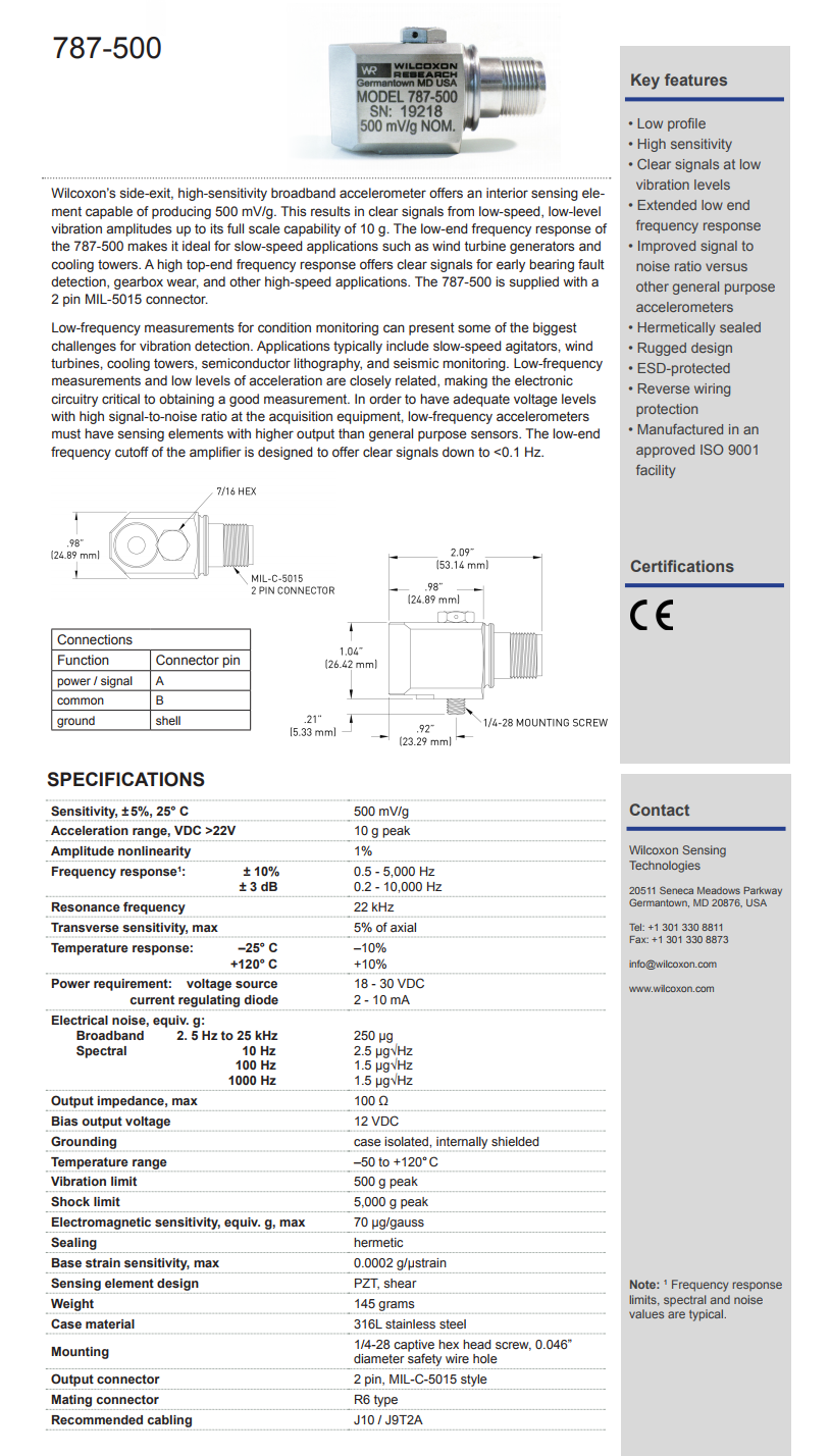 威爾康森高輸出振動(dòng)傳感器787-500型技術(shù)參數(shù)