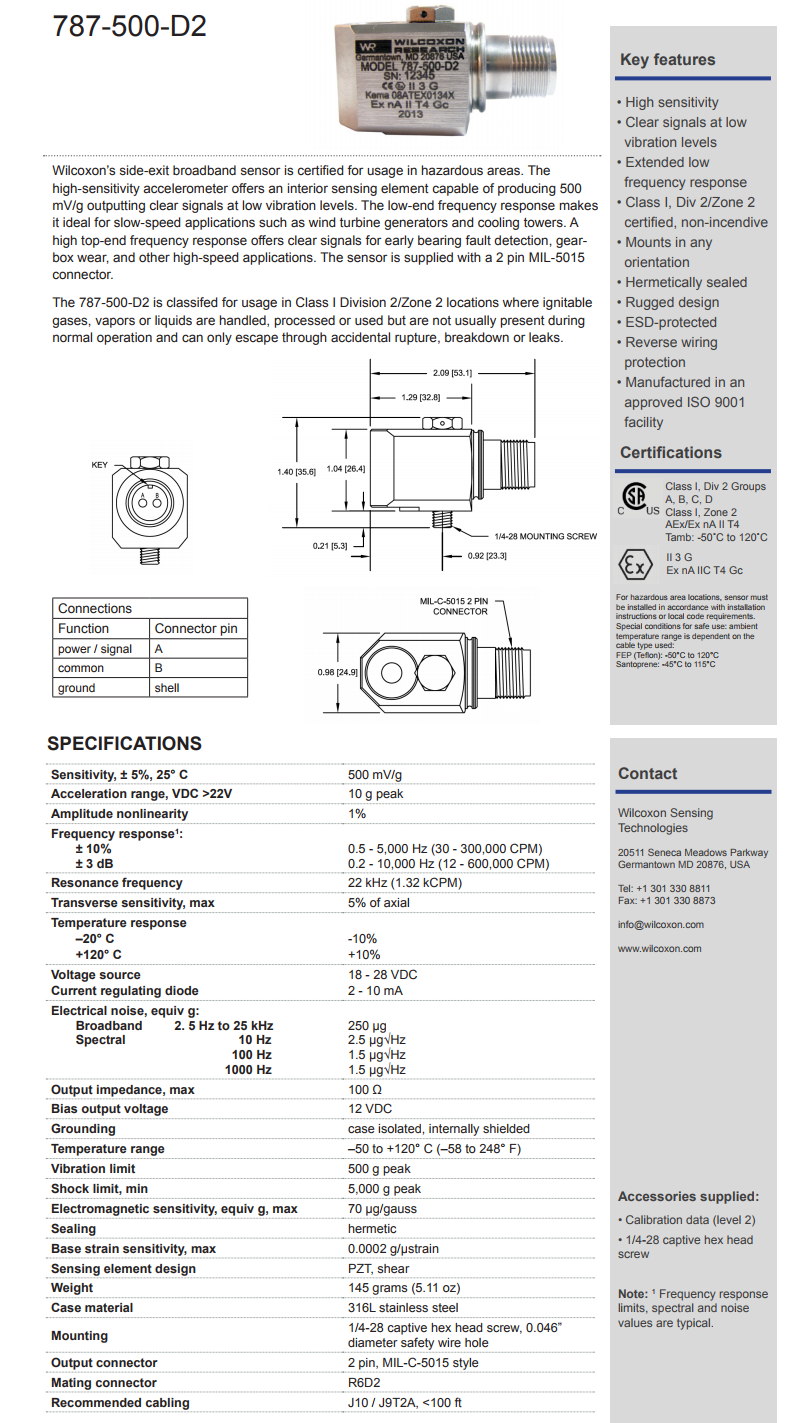 威爾康森認(rèn)證的高輸出振動(dòng)傳感器787-500-D2型技術(shù)參數(shù)
