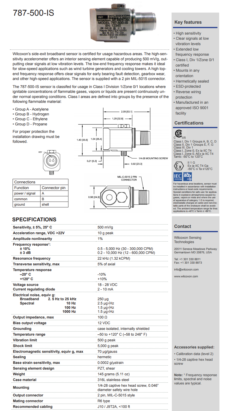 威爾康森認(rèn)證的高輸出振動(dòng)傳感器787-500-IS型技術(shù)參數(shù)