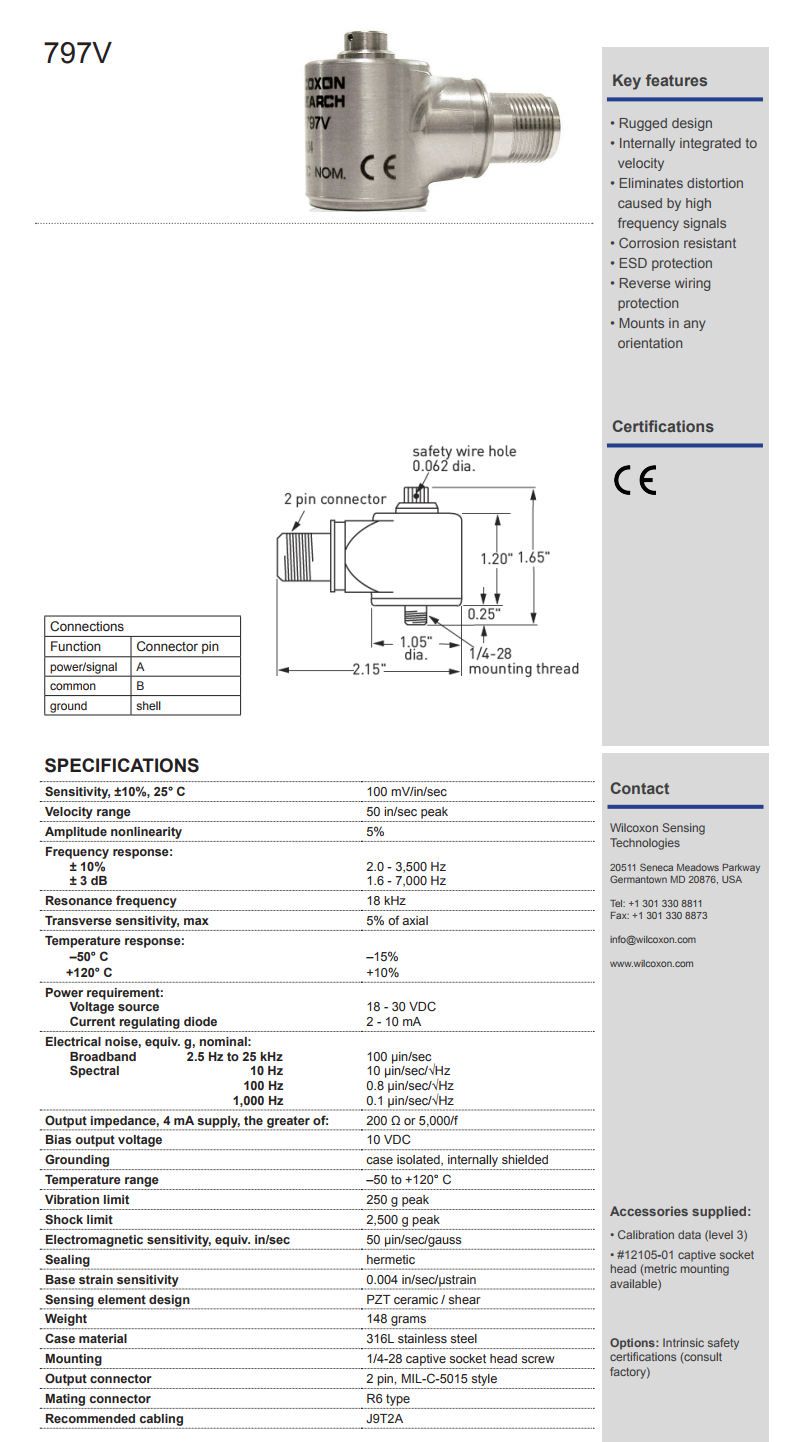 威爾康森高級加速度振動計797V型技術(shù)參數(shù)