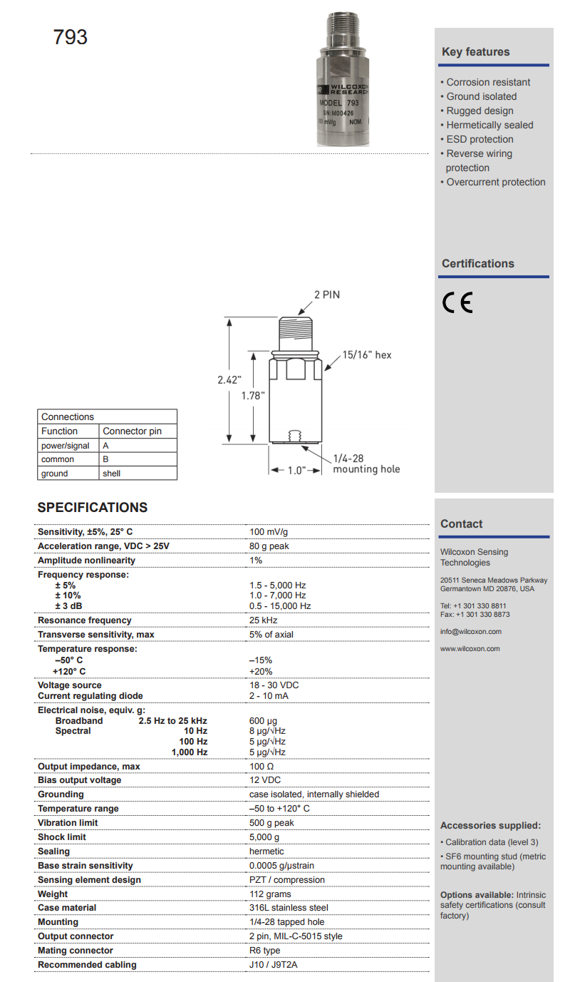威爾康森高級加速度振動計793型技術(shù)參數(shù)