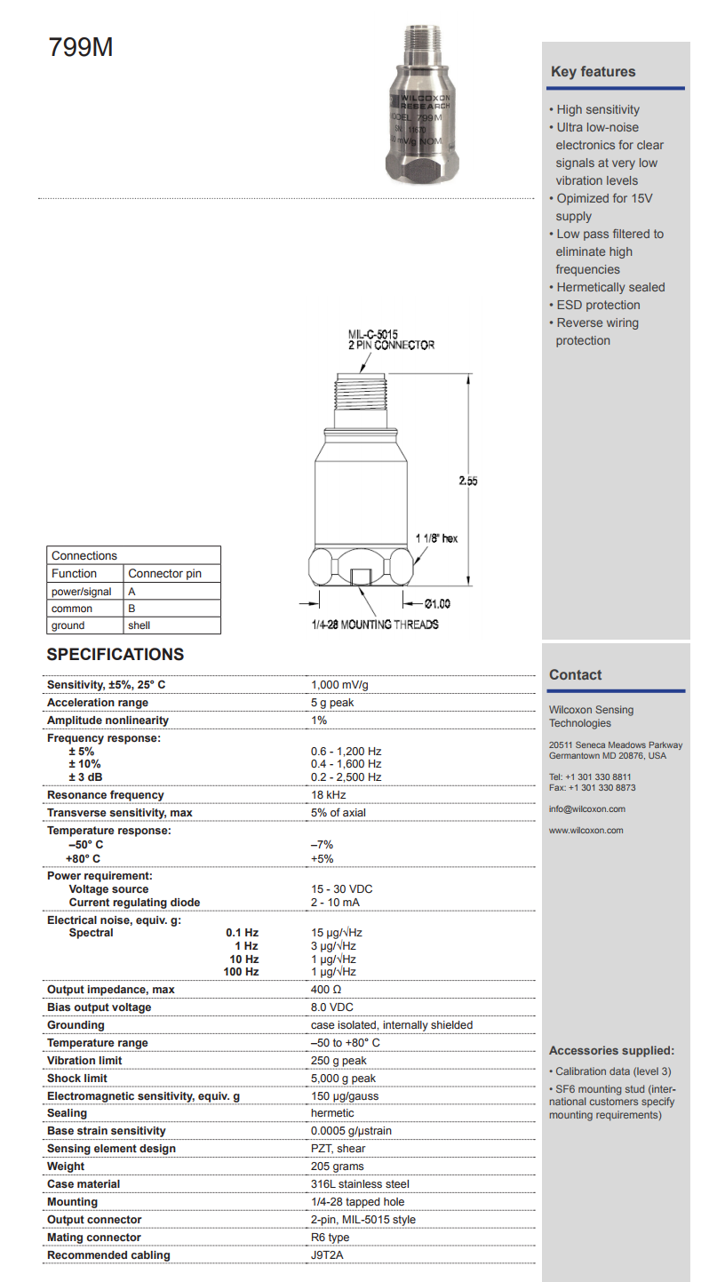 威爾康森優(yōu)質(zhì)過濾，高靈敏度振動傳感器799M型技術(shù)參數(shù)