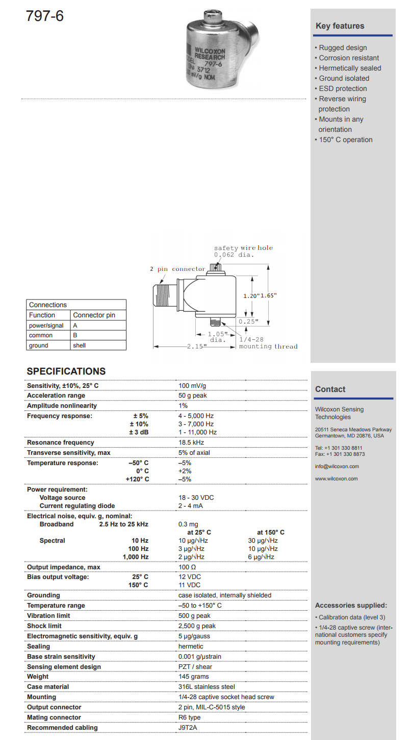 威爾康森高溫振動傳感器797-6型技術參數(shù)