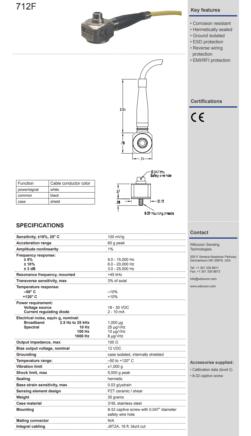 威爾康森帶集成電纜的高頻振動傳感器712F型技術(shù)參數(shù)