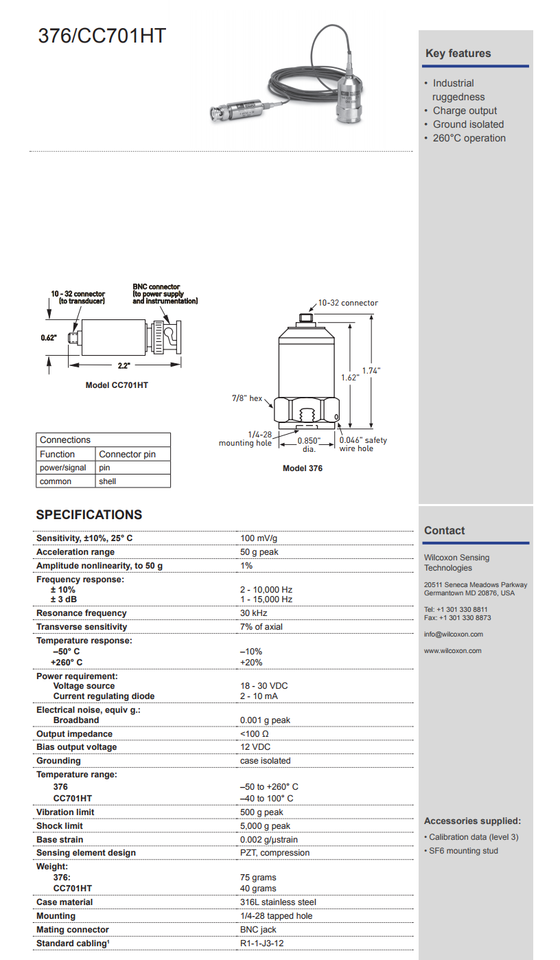 威爾康森高溫振動(dòng)傳感器376型技術(shù)參數(shù)