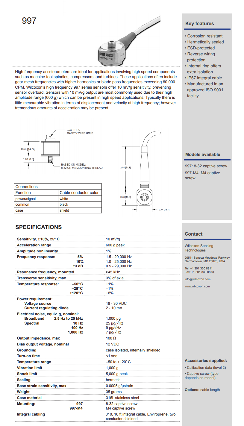 威爾康森帶集成電纜的高頻振動(dòng)傳感器997型技術(shù)參數(shù)