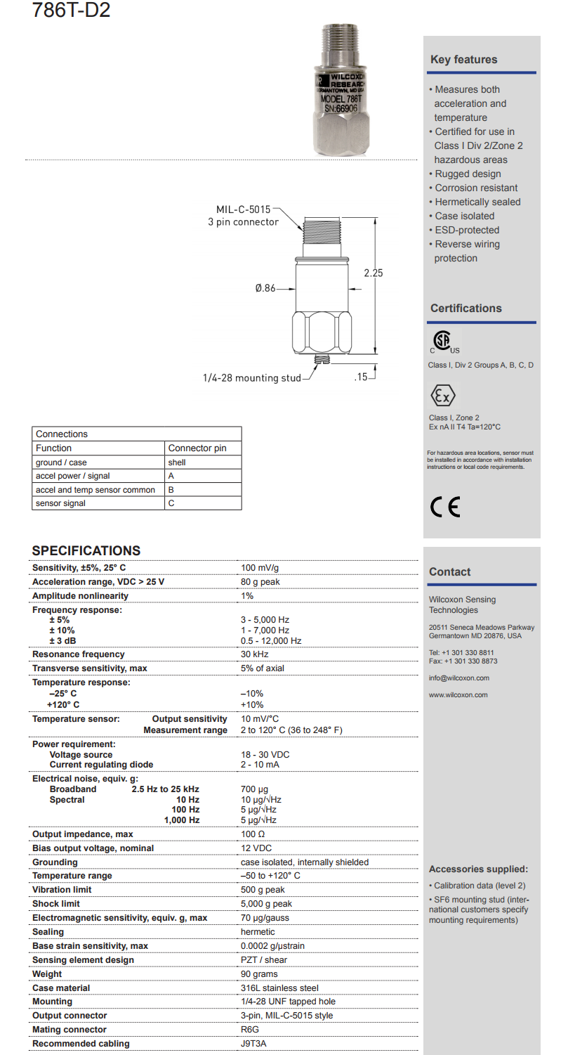 威爾康森經(jīng)濟實惠的雙輸出振動傳感器786T-D2型技術(shù)參數(shù)