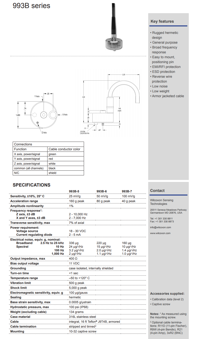 威爾康森帶有整體電纜的三軸加速度振動計(jì)技術(shù)參數(shù)