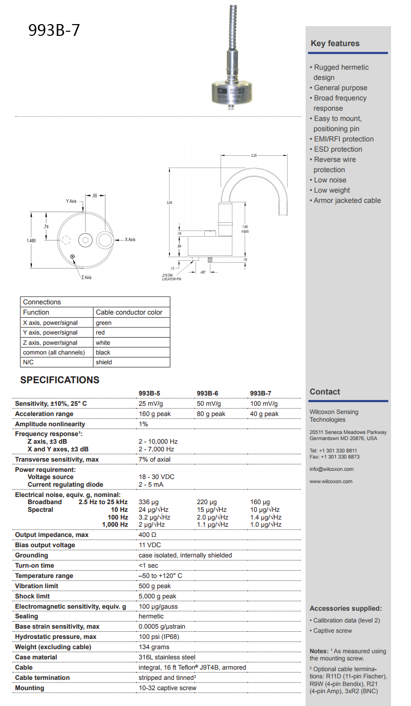 威爾康森帶有整體電纜的三軸加速度振動計技術參數(shù)