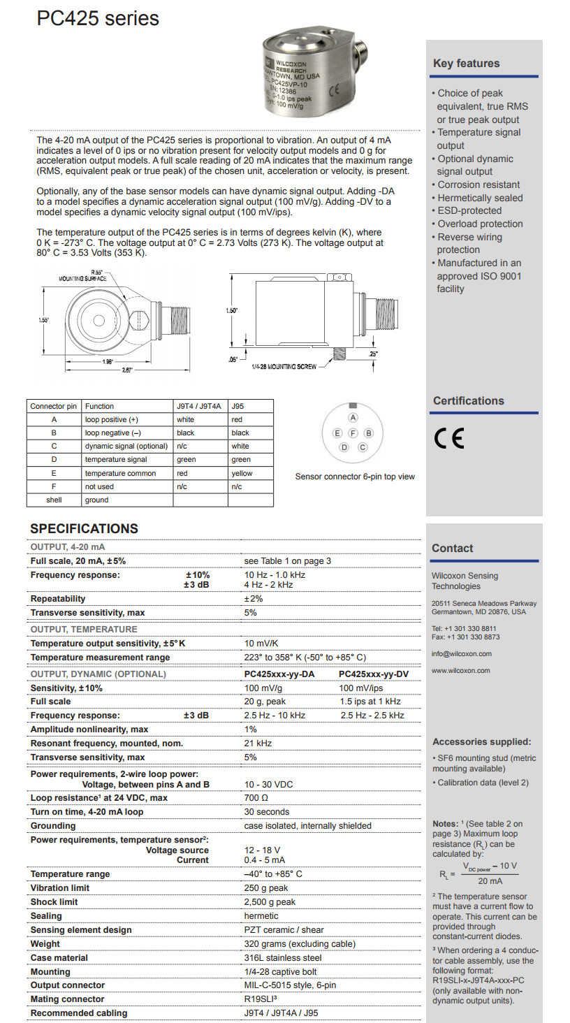 威爾康森4-20mA回路供電的振動傳感器PC425VP-10型技術參數