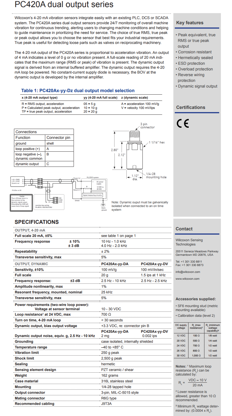 威爾康森帶有動態(tài)振動輸出的4-20mA回路供電振動傳感器PC420AR-05-DA型的 技術(shù)參數(shù)