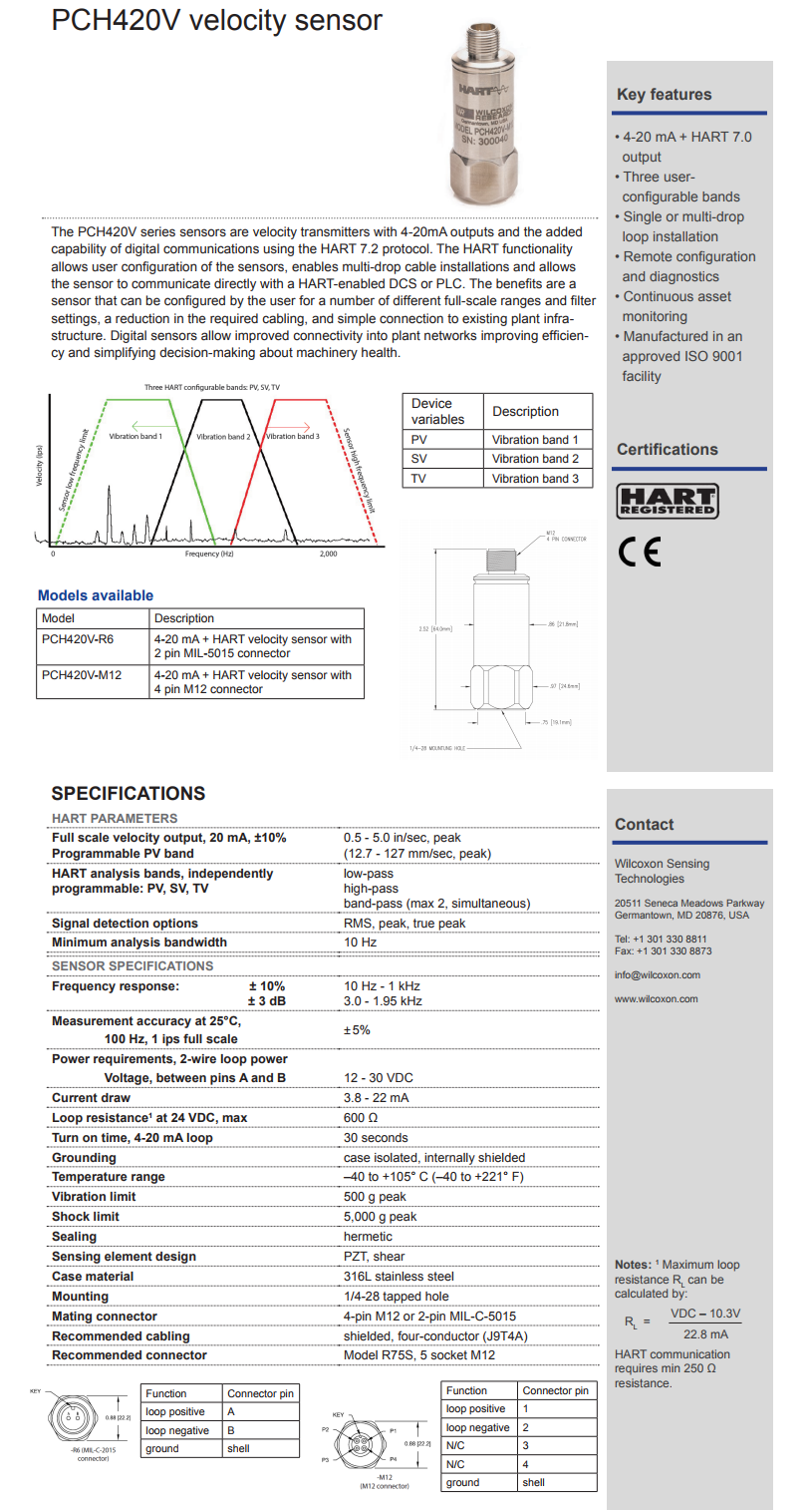 威爾康森支持HART的4-20mA速度振動傳感器PCH420V-R6-HZ型技術(shù)參數(shù)