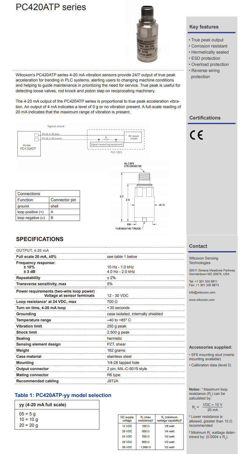 威爾康森4-20mA回路供電振動傳感器PC420ATP-20型技術(shù)參數(shù)