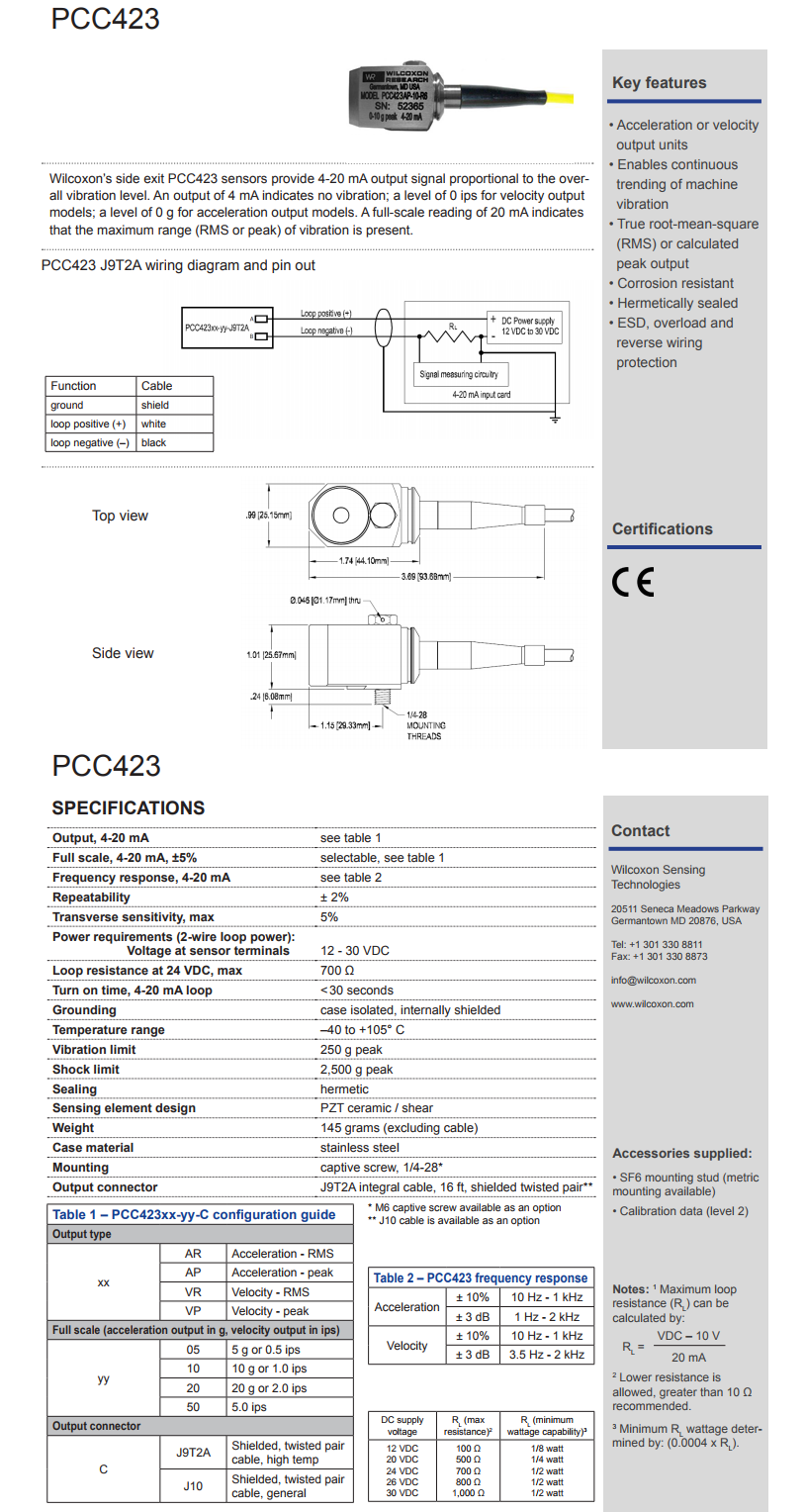 威爾康森4-20mA回路供電振動(dòng)傳感器PCC423VP-10-J9T2A型技術(shù)參數(shù)