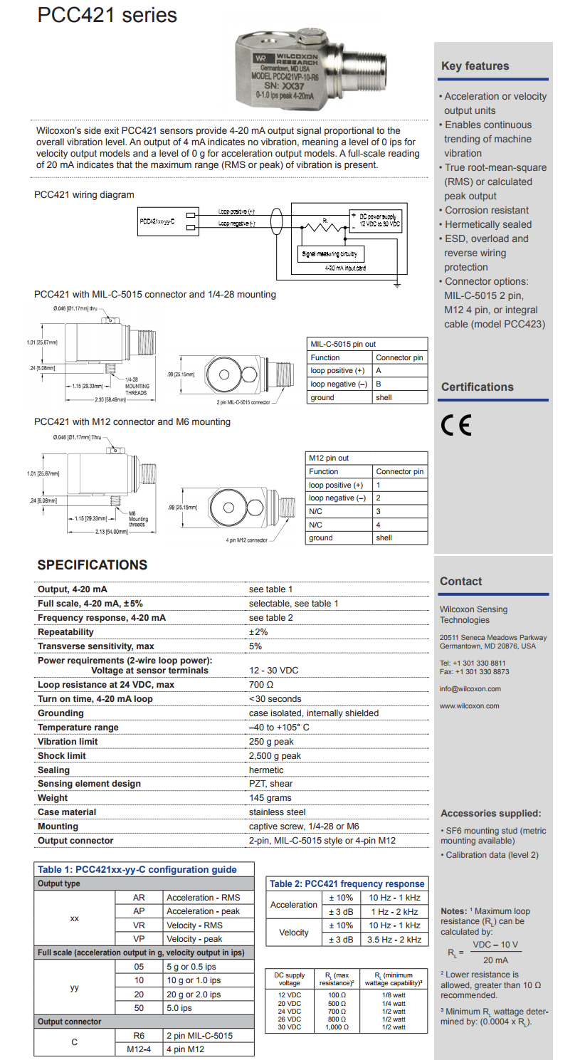 威爾康森4-20mA回路供電振動傳感器PCC421VP-10-R6型技術(shù)參數(shù)