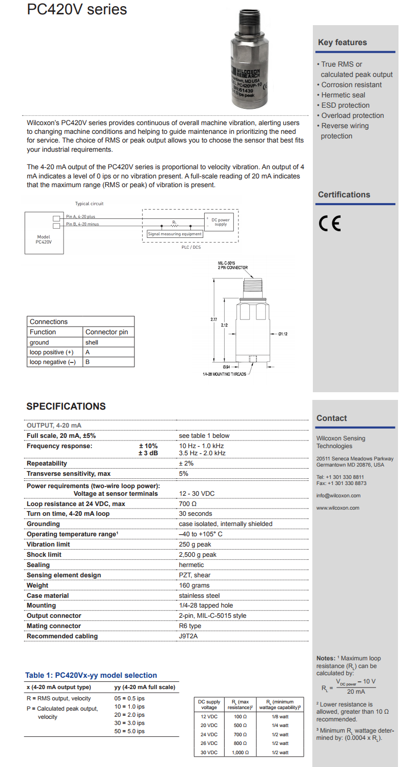 威爾康森4-20mA回路供電振動傳感器PC420VR-20型技術(shù)參數(shù)