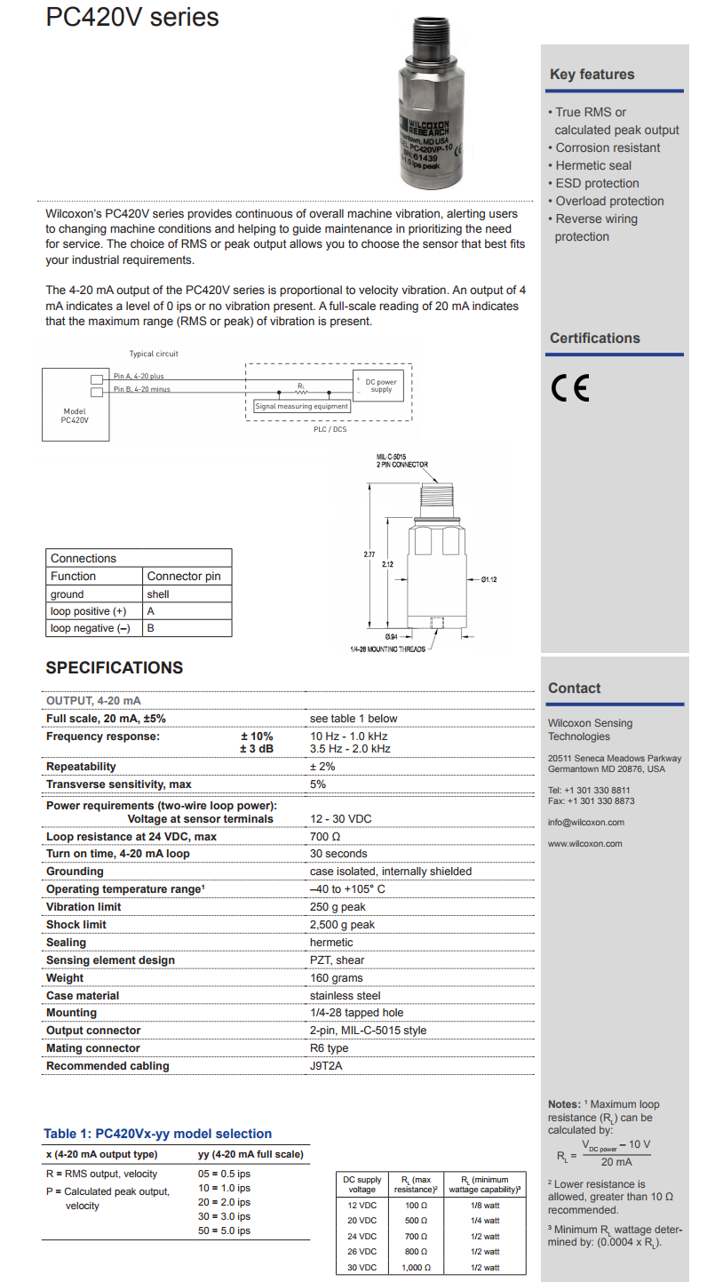 威爾康森回路供電振動(dòng)傳感器PC420VR-30型技術(shù)參數(shù)