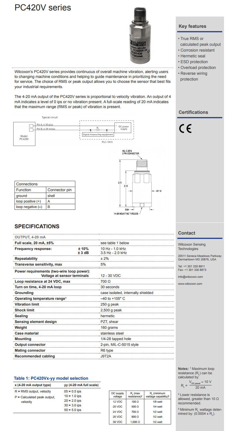 威爾康森4-20mA回路供電振動傳感器PC420VP-05型技術(shù)參數(shù)