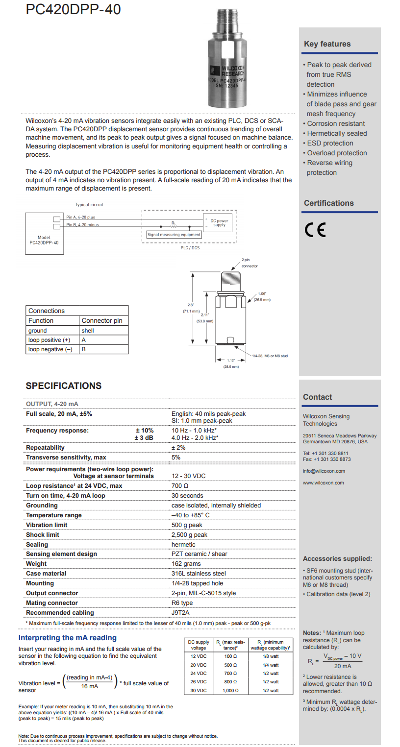 威爾康森回路供電振動傳感器PC420DPP-40型技術(shù)參數(shù)