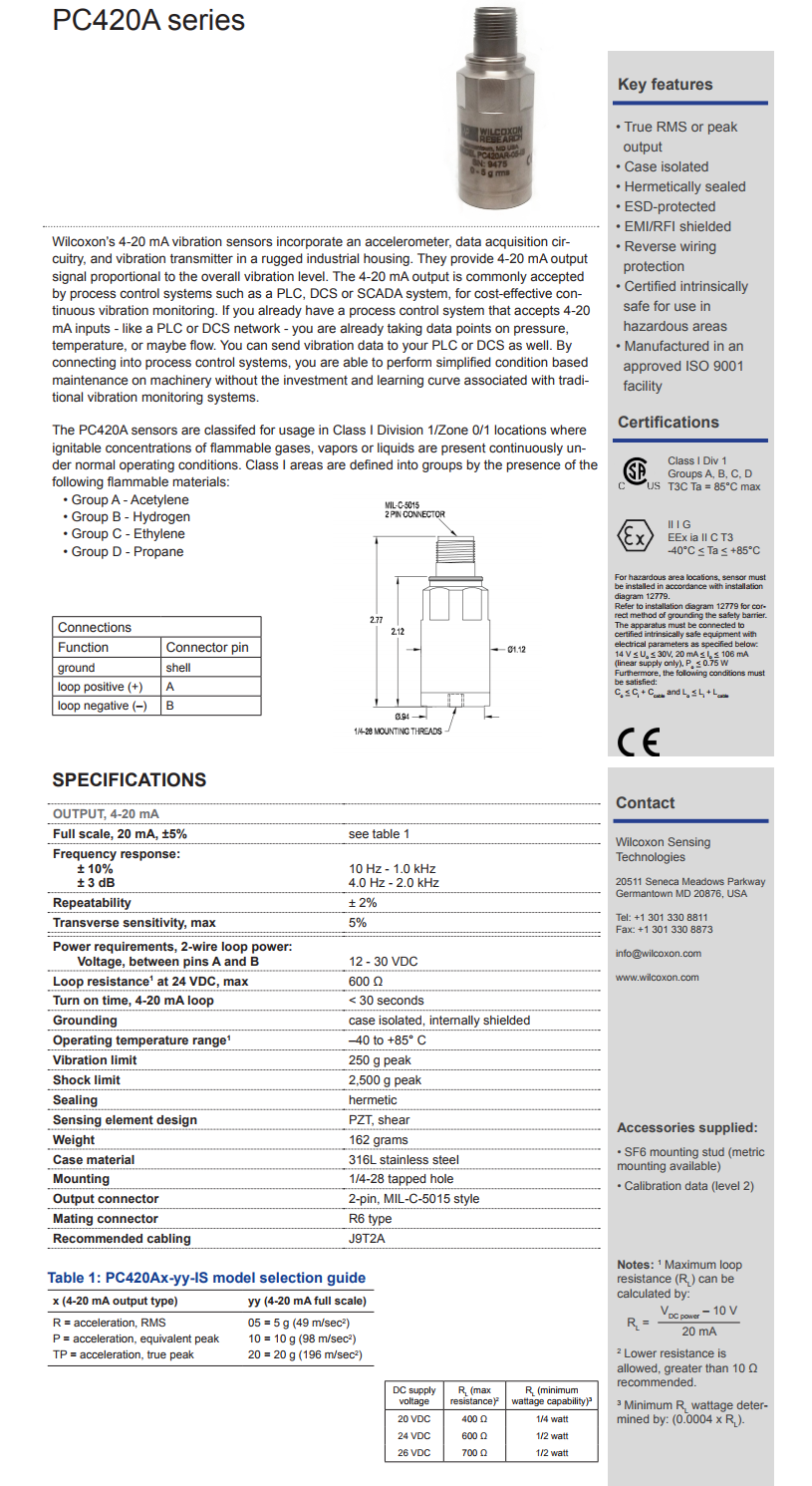 威爾康森回路供電振動傳感器PC420AR-05-IS型技術(shù)參數(shù)