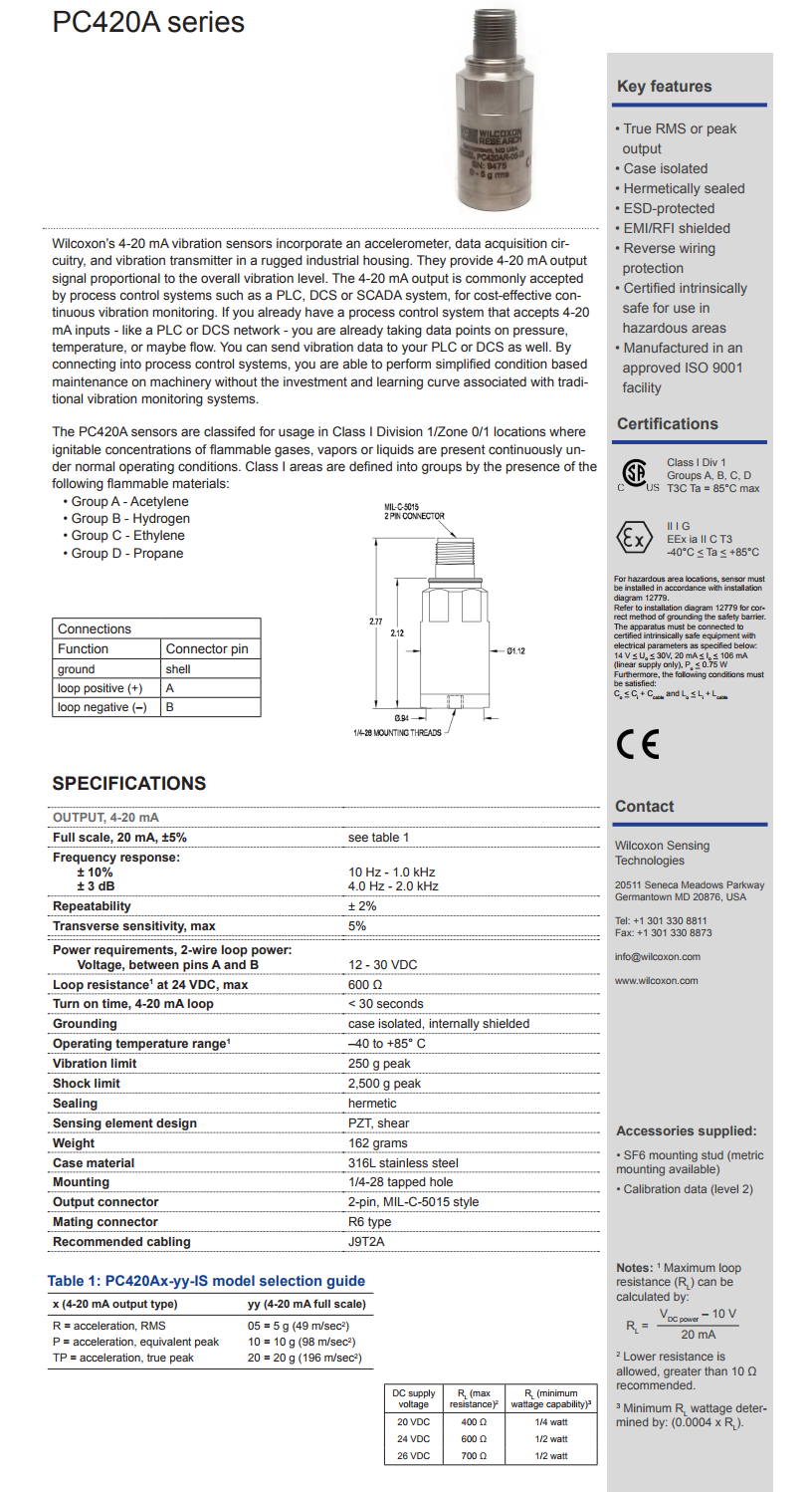 威爾康森回路供電振動傳感器PC420AR-10-IS型技術(shù)參數(shù)