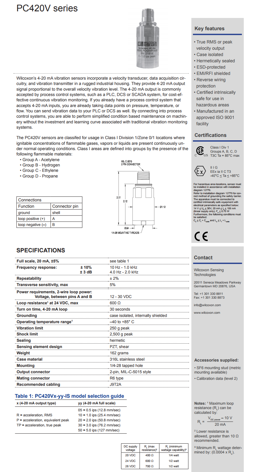 威爾康森回路供電振動傳感器PC420VP-10-IS型技術(shù)參數(shù)