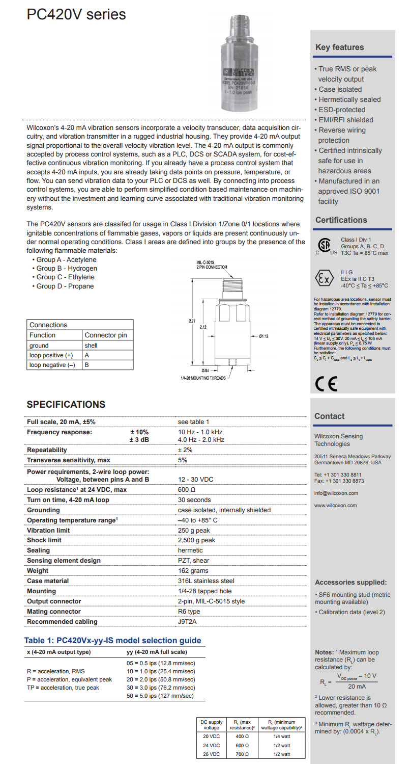 威爾康森回路供電振動傳感器PC420VP-20-IS型技術參數(shù)