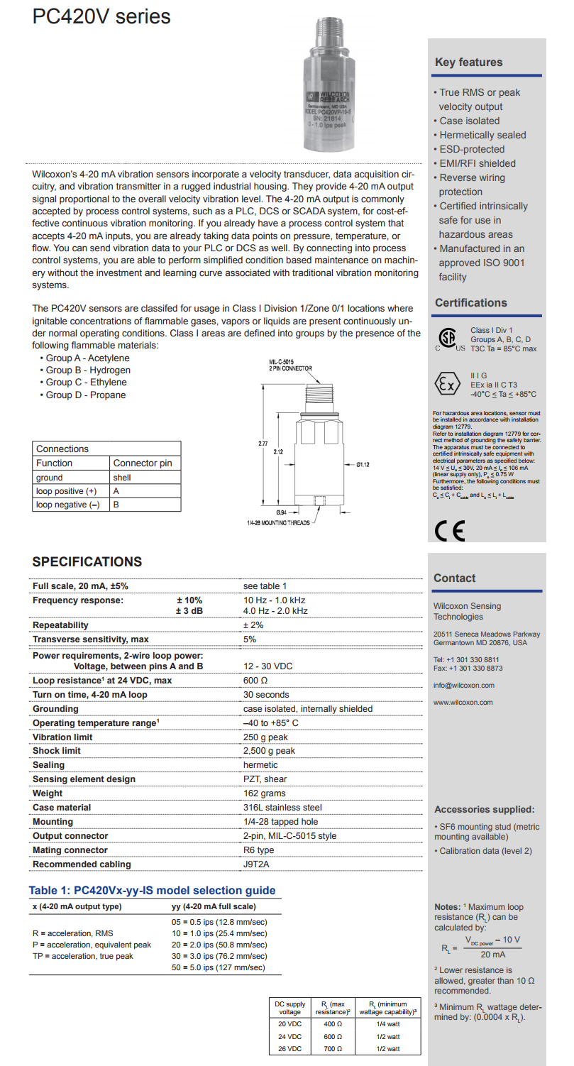 威爾康森回路供電振動傳感器PC420VP-30-IS型技術(shù)參數(shù)