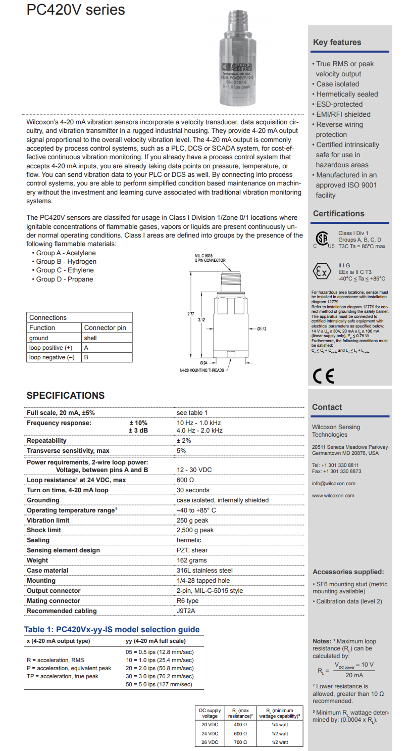 威爾康森回路供電振動傳感器PC420VP-50-IS型技術(shù)參數(shù)