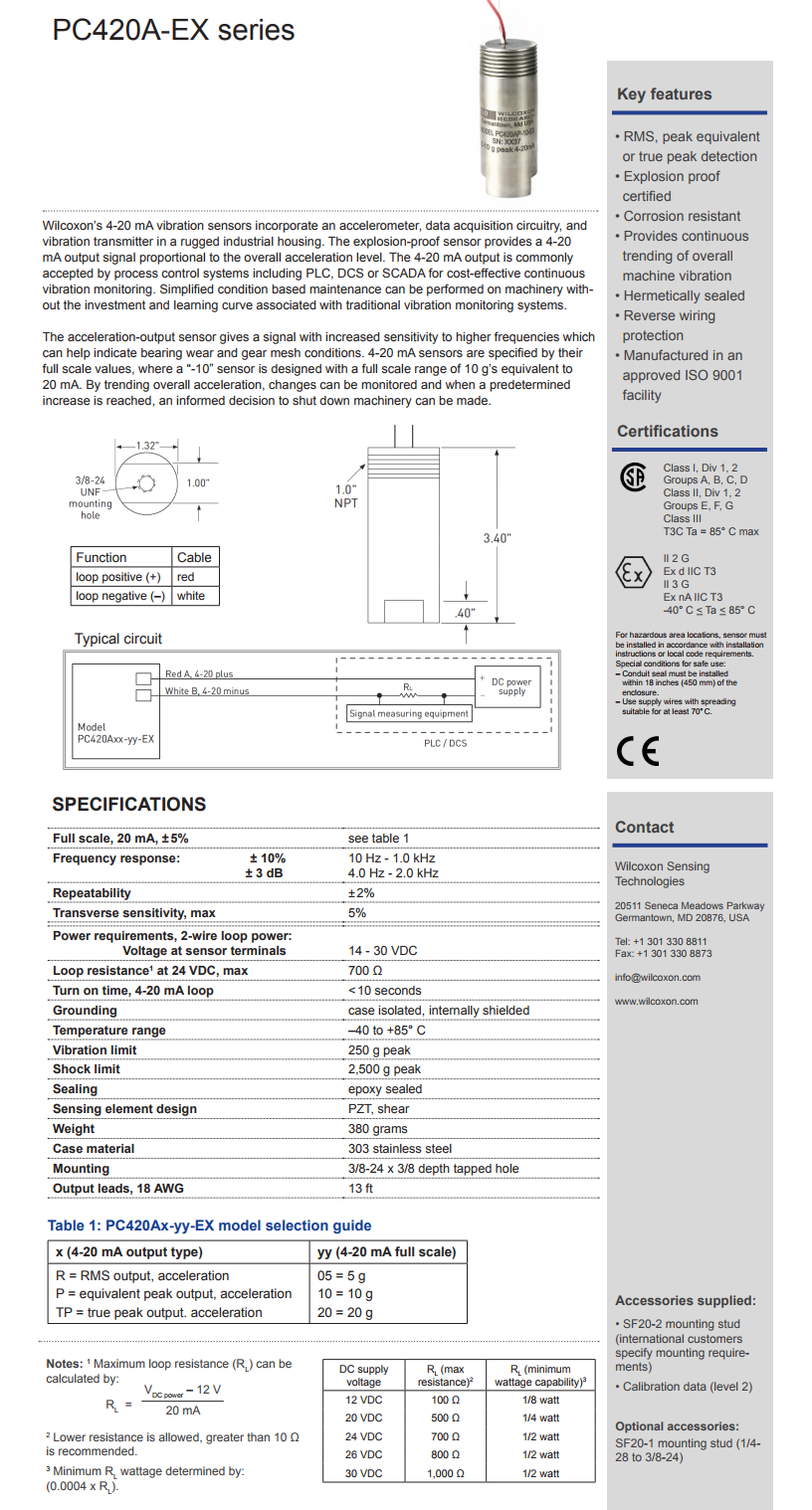 威爾康森回路供電振動(dòng)傳感器PC420AR-20-EX型技術(shù)參數(shù)