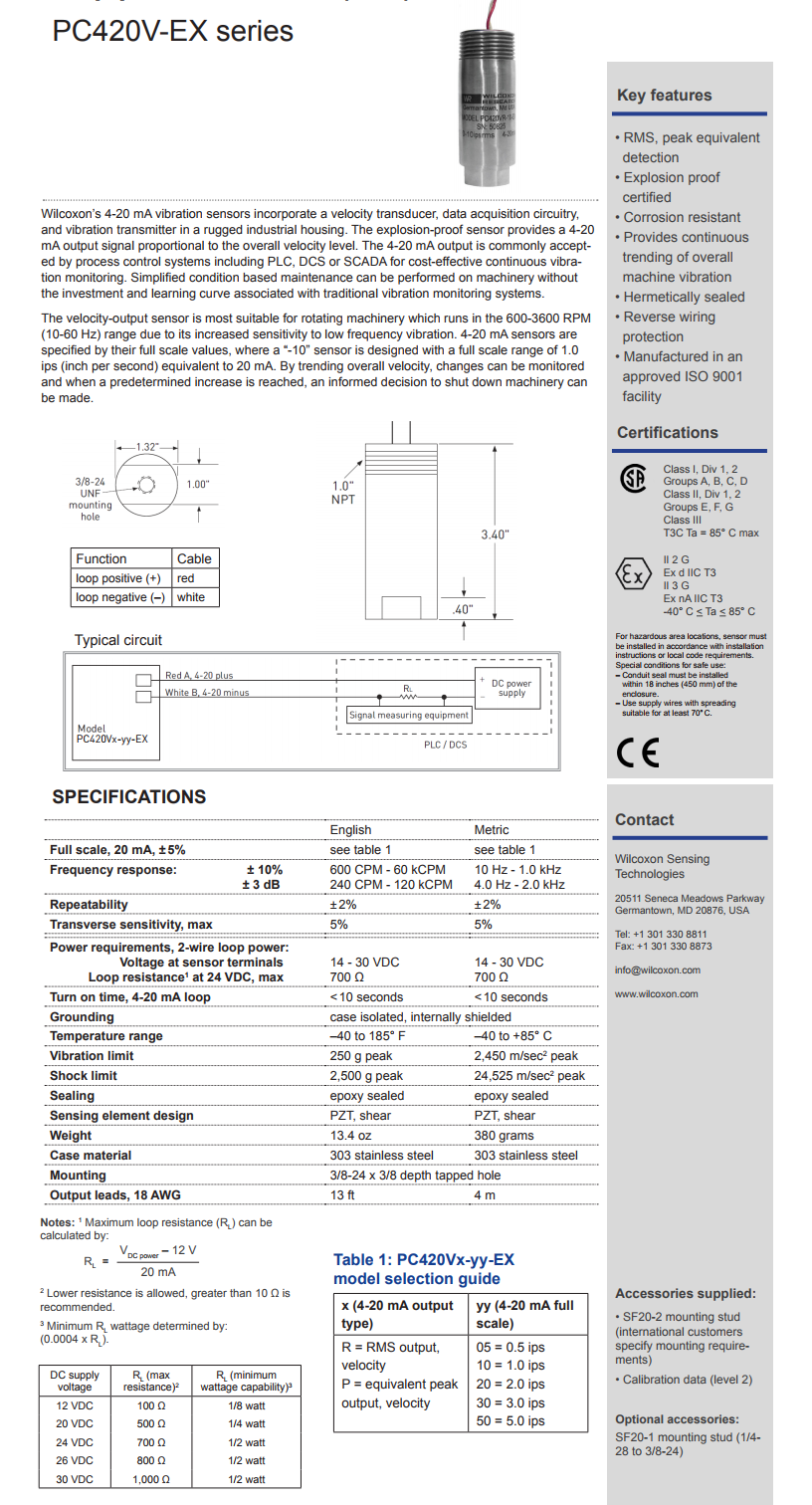 威爾康森回路供電振動(dòng)傳感器PC420VR-50-EX型技術(shù)參數(shù)