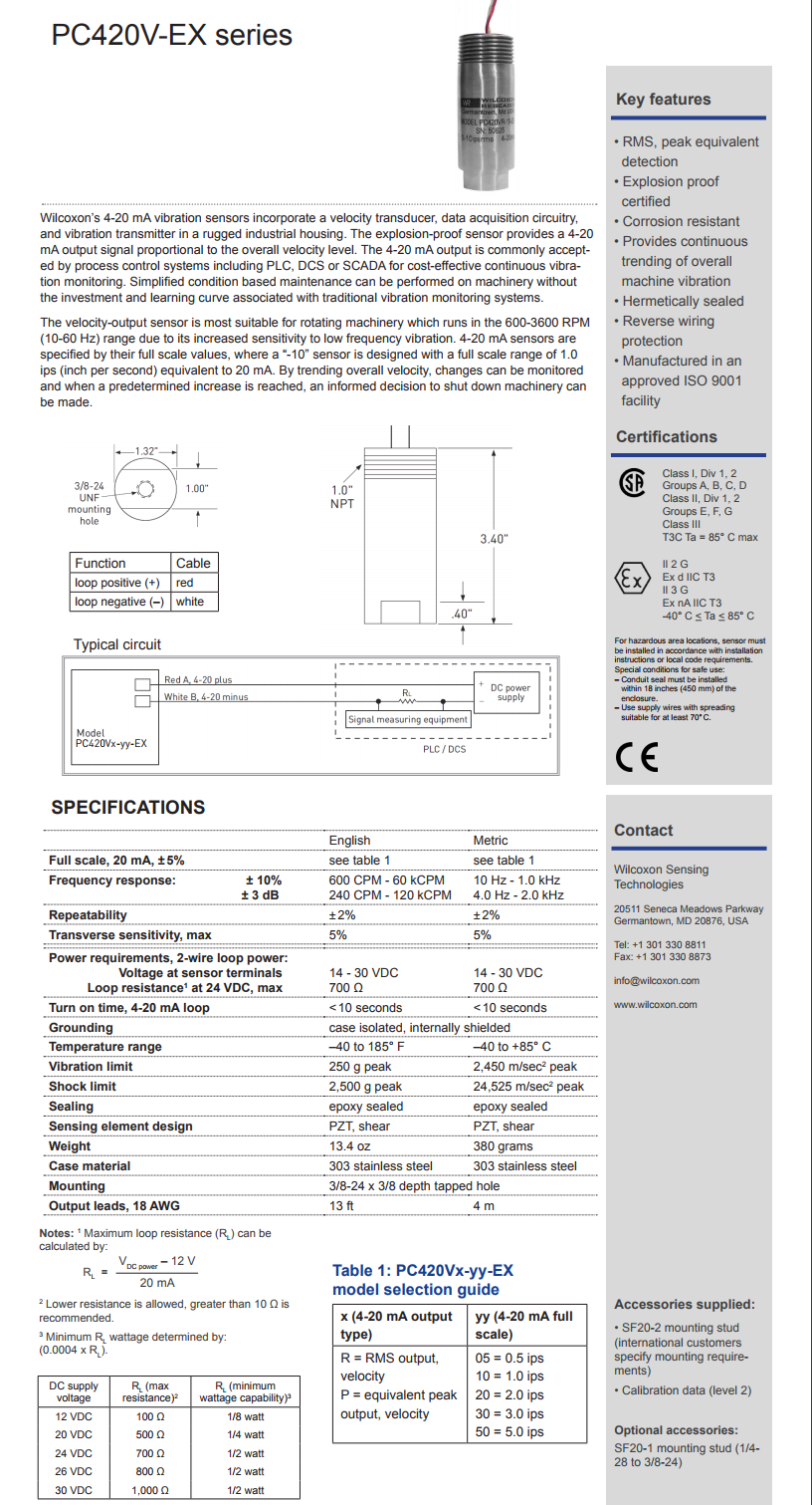 威爾康森回路供電振動(dòng)傳感器PC420VP-20-EX型技術(shù)參數(shù)