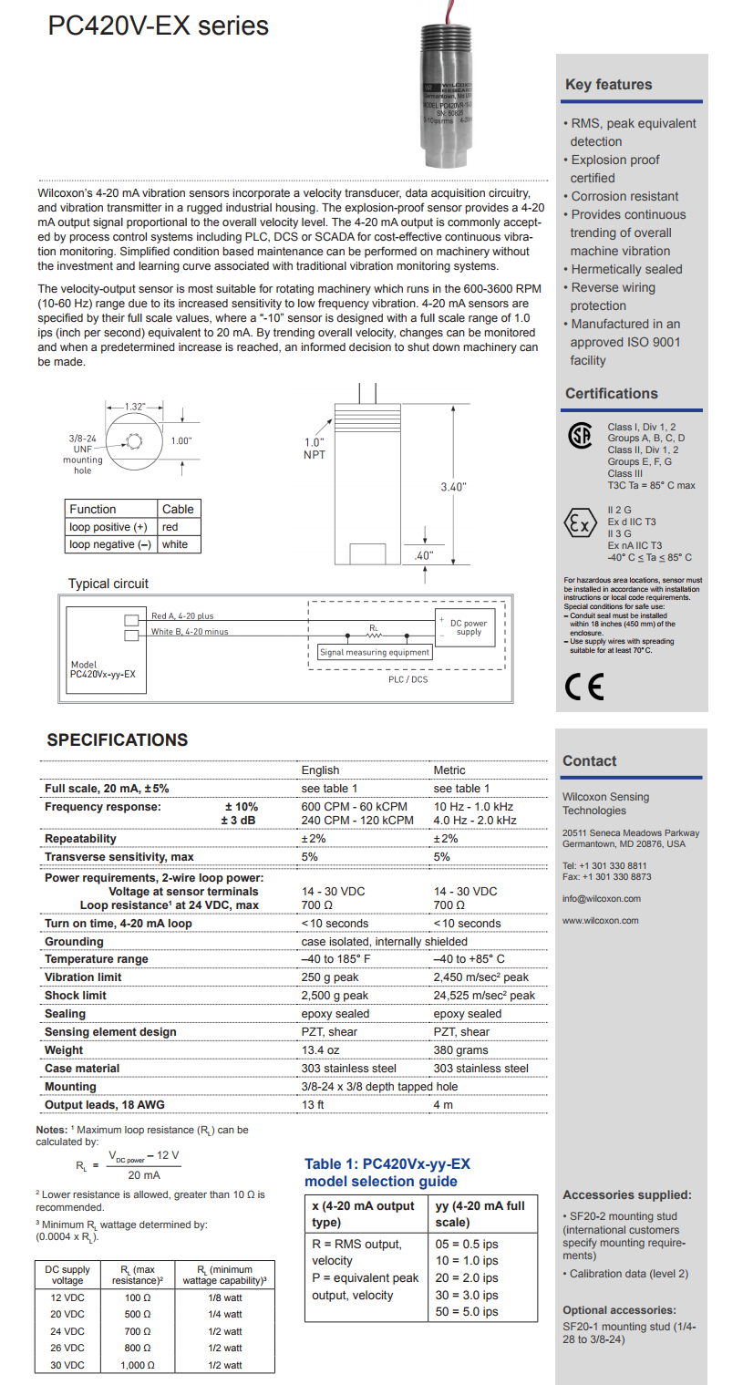 威爾康森回路供電振動(dòng)傳感器PC420VP-30-EX型技術(shù)參數(shù)