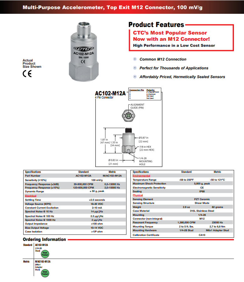 CTC多功能標(biāo)準(zhǔn)尺寸加速度振動(dòng)計(jì)AC102-M12A 技術(shù)參數(shù)