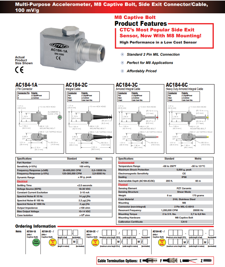 CTC多用途標(biāo)準(zhǔn)尺寸加速度振動計AC184技術(shù)參數(shù)