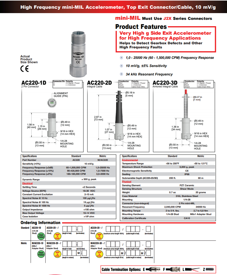 CTC高頻mini-MIL加速度振動計(jì)AC220技術(shù)參數(shù)