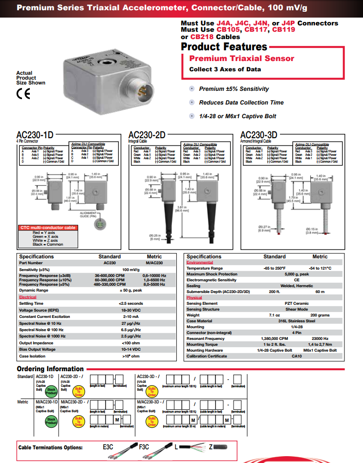 CTC Premium系列三軸加速度振動傳感器AC230技術參數(shù)