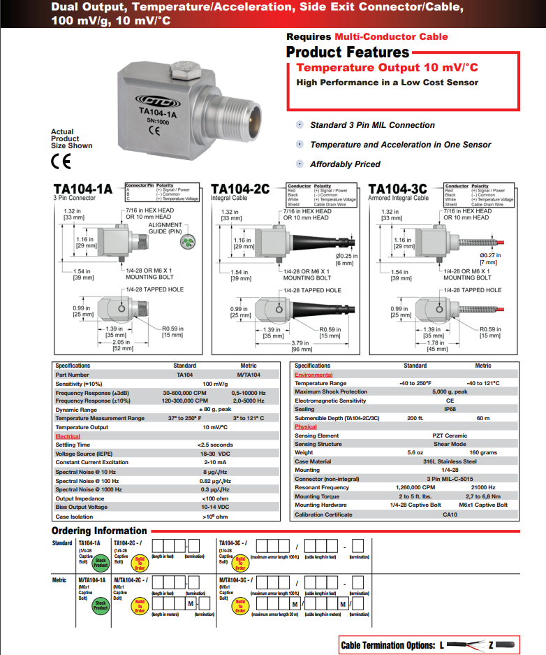 CTC 雙輸出溫度/加速度振動(dòng)傳感器TA104