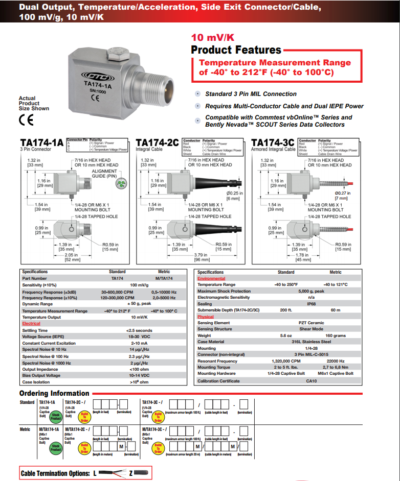CTC雙輸出，溫度/加速度振動(dòng)傳感器TA174技術(shù)參數(shù)
