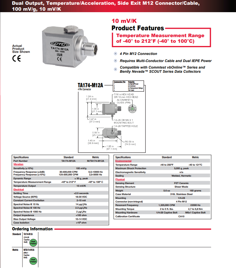 CTC雙輸出，溫度/加速度振動(dòng)傳感器TA174-M12A 技術(shù)參數(shù)