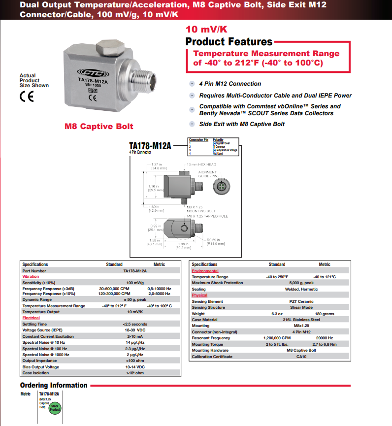 CTC 雙輸出溫度/加速度振動(dòng)傳感器TA178-M12A 技術(shù)參數(shù)