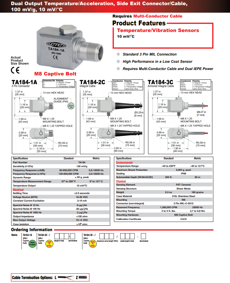 CTC雙輸出溫度/加速度振動傳感器TA184技術參數(shù)